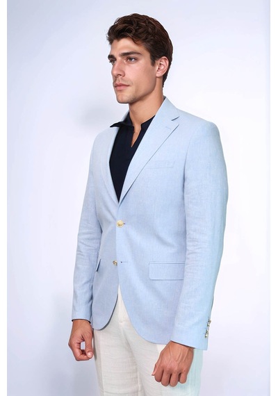 Açık Mavi Keten Dokulu Gold Renk Metal Düğmeli Slim Fit Erkek Blazer Ceket - Wessi Blue