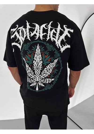 Modi Unisex Bisiklet Yaka Baskılı Oversize T-shirt - Siyah - Mymg106752