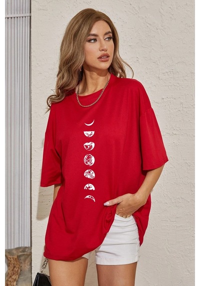 Flood Of Style Unisex Moon Phases Baskılı T-shirt Kırmızı