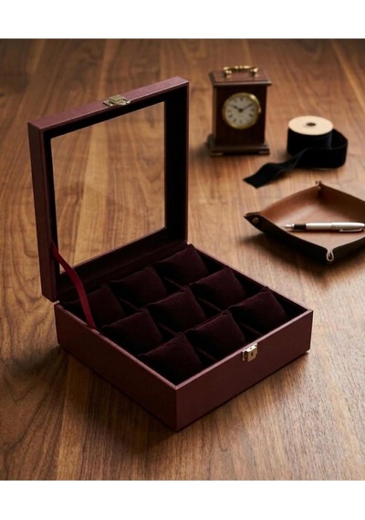 Premium 9 Yuvalı Deri Kaplama Cam Kapaklı Şık Tasarım Saat Saklama Kutusu Ebat 23x25 Cm Bordo