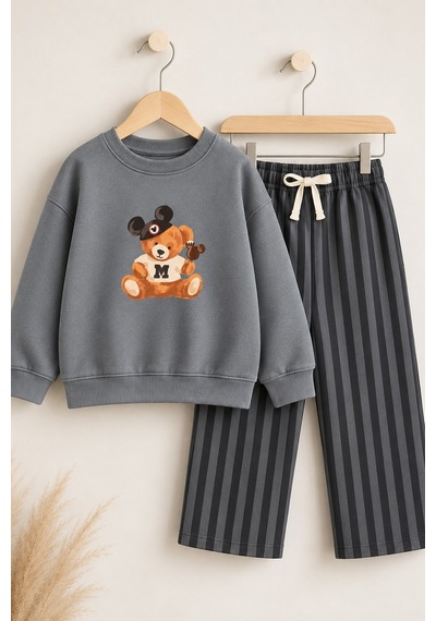Monila Erkek Çocuk Antrasit Ayıcık Baskılı Sweatshirt Ve Çizgili Eşofman Alt Üst Takım