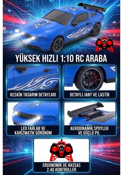 Mustang Dev Boyutlu Uzaktan Kumandalı Yarış Arabası Işıklı 1:10 Ölçekli 6 Fonksiyonlu Oyuncak Araba Mavi