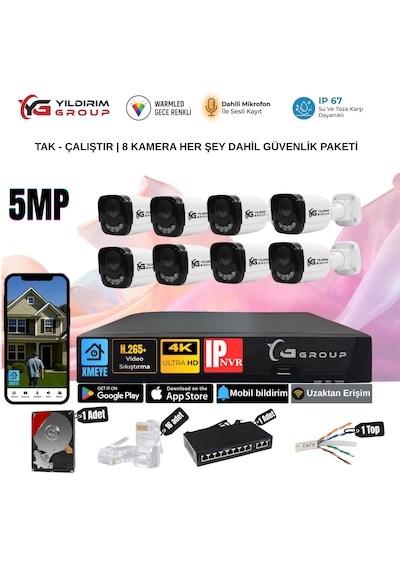 Yıldırımgroup 8 Kameralı Sesli 5mp Ip-gece Renkli Araç Ve Yüz Tanımalı Kamera Sistemi-hazır Kamera Seti