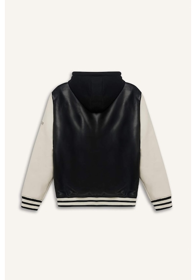 Defacto Regular Fit Kolej Yaka Çıkarılabilir Kapüşonlu Çıtçıtlı Suni Deri Bomber Mont E9972ax25aubk27 Siyah