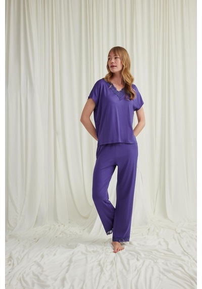 Monamise Kadın Kısa Kollu V Yakalı Dantelli Pijama Takımı 18569-mor Mor