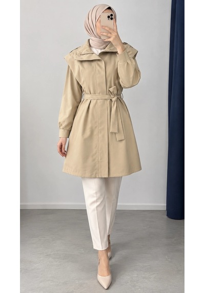 Nevayla Moda Kuşaklı Fermuarlı Mevsimlik Trençkot - Bej / M0116