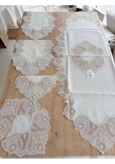 Salon Takımı Çeyizlik Krem Runner Set 5 Parça Keten Ranır Masa Konsol Sehpa Örtüsü Kartanesi Çok Renkli