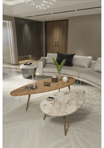 Reyo Falez Modern Orta Sehpa Seti - 2'li Ahşap Ayaklı Salon Ve Oturma Odası Sehpa Takımı Ceviz Efes