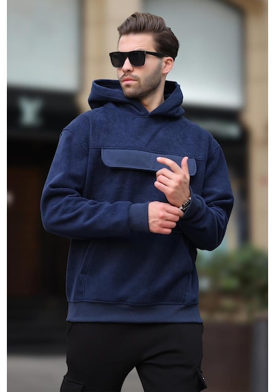 Madmext Lacivert Kapüşonlu Kapaklı Cep Detaylı Polar Erkek Sweatshirt 7097 Lacivert