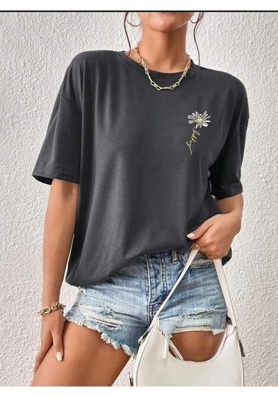 Flood Of Style Kadın Füme Papatya Baskılı Oversize Gri