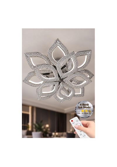 Yonca Model Gümüş Kumandalı 13"lü Ledli 3 Renk Modu Kristal Salon Mutfak Yatak Çocuk Odası Avize