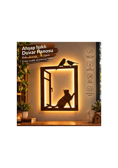 Ahşap Işıklı Duvar Dekoru Tablo Kedi Kuş Pencere Figürlü 50x34 Cm