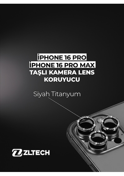İphone 16pro/16promax Uyumlu Taşlı Kamera Lens Koruyucu Siyah Titanyum