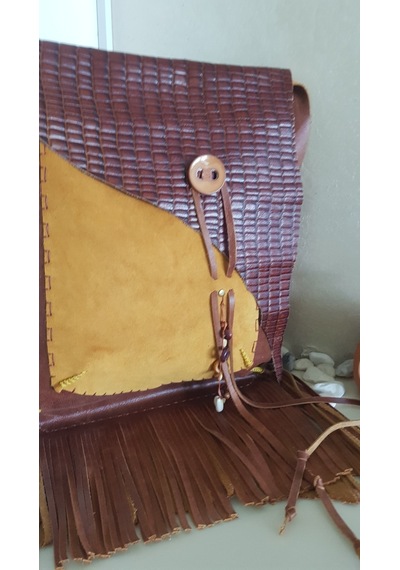 Taba Ve Camel Hakiki Deri El Yapımı Püsküllü Çanta Açık Vizon - Taba