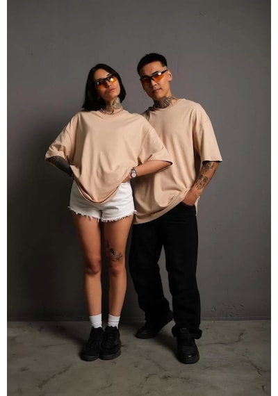 Erkek 24/1 Düz A Kalite Oversize T-shirt - Bej Bej