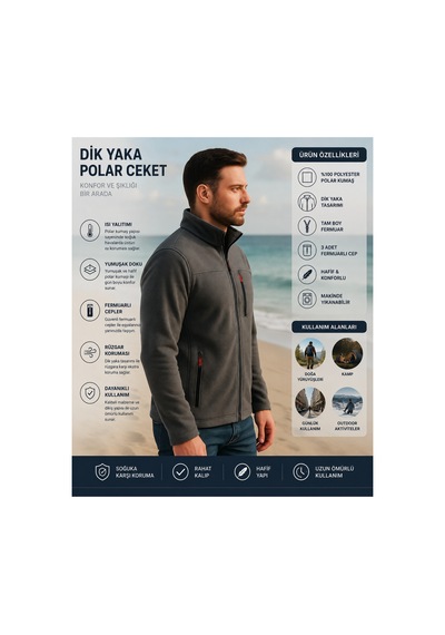 Luxıc Core Erkek Koyu Gri Fermuarlı Polar Dik Yaka, Cepli, Günlük & Outdoor Kullanım