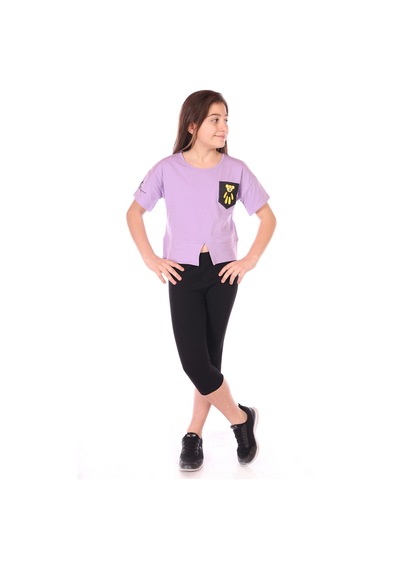 Toontoy Kids Toontoy Kız Çocuk Göğsü Ayıcık Baskılı Kaprili Takım Lila