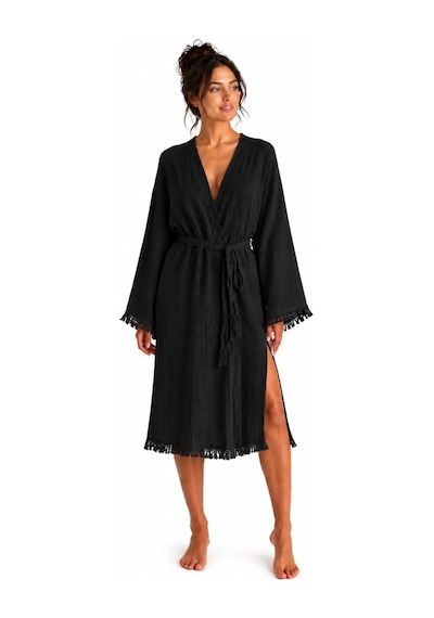 Bohemia Müslin Kimono Bornoz Püskül Detaylı Yırtmaçlı Spa & Plaj Kimonosu Siyah