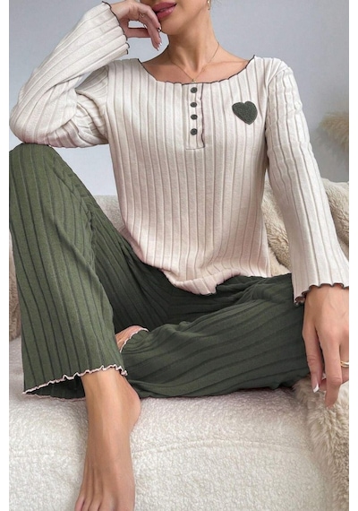 Bella Notte Nakışlı Yeşil Pamuklu Kalp Detaylı Pijama Takımı Haki