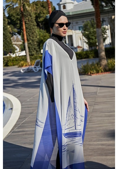 Remsa Tesettür Mayo Üzerine Tasarım Tek Kaftan Pareo Rdp003 Yelkenli Mavi