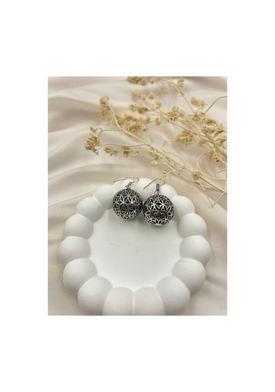 Lunarie Vintage Gümüş Renk Küre Desenli Sallantılı Küpe