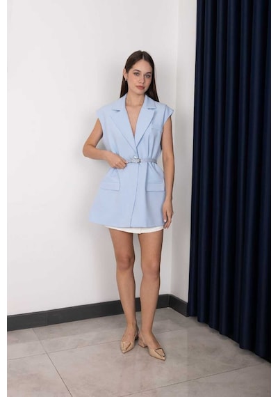 Rawea Kemerli Şal Yaka Blazer Yelek - Oversize & Pamuklu Mavi