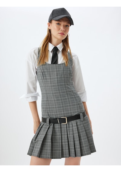 Koton Mini Jile Elbise Pileli Kolsuz U Yaka Kemer Detaylı Slim Fit Gri Ekose 5wal80040ıw Gri