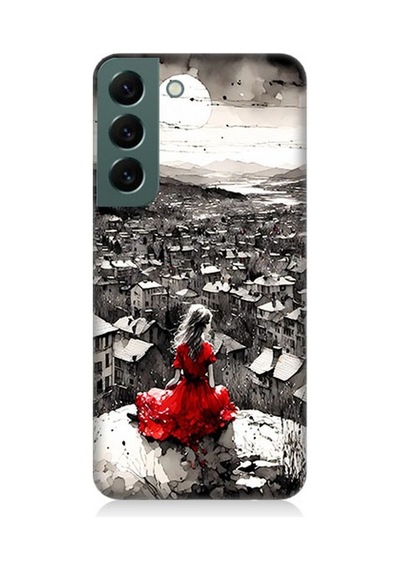 Samsung Galaxy S22 Uyumlu Siyah Beyazda Kırmızı Elbise Desenli Silikon Kılıf Çok Renkli