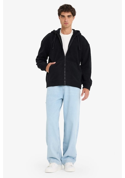 Defacto Boxy Fit Kapüşonlu Fermuarlı Polar Sweatshirt F0074AX25AU Siyah