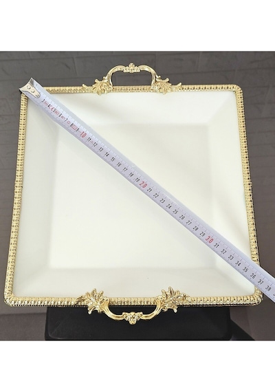 Porselen Büyük Sade Kare Servis Tabağı-sunumluk Döküm Gold Çerçeve Ve Ayaklı 27cm Beyaz