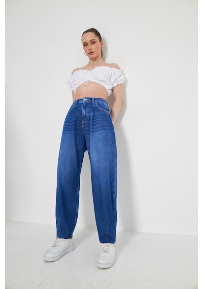 Kutaf Mavi Bol Kesim Yüksek Bel Balloon Fit Baggy Jean Kot Salaş Kadın Pantolon Mavi