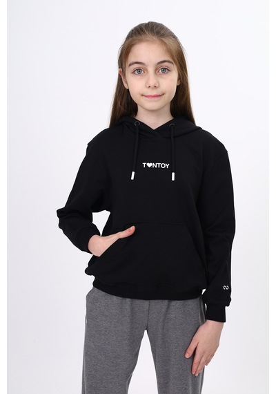 Toontoy Kız Çocuk Oversize Kapüşonlu Cepli Düşük Omuz Baskılı Sweatshirt - 2 İplik Siyah