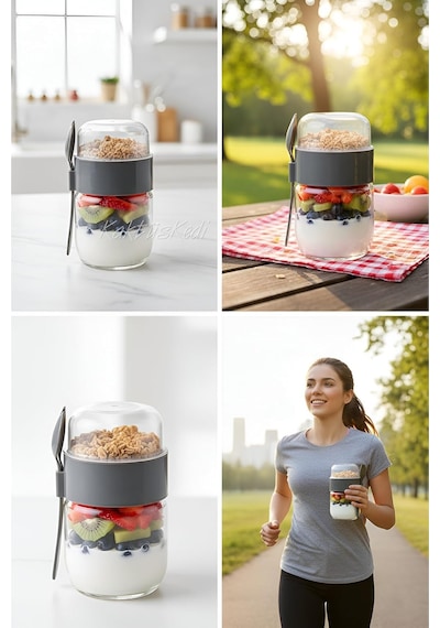 Kaşıklı Çatallı Cam Öğün Bardağı - Yemek Taşıma Ve Saklama Kabı - Müsli Kabı 625 Ml Antrasit, 7 Diğer