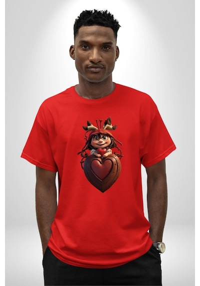 Çikolata Kız Kalbi Pamuklu Bisiklet Yaka Unisex Oversize Boyfriend Dijital Baskılı Kırmızı T-shirt Kırmızı