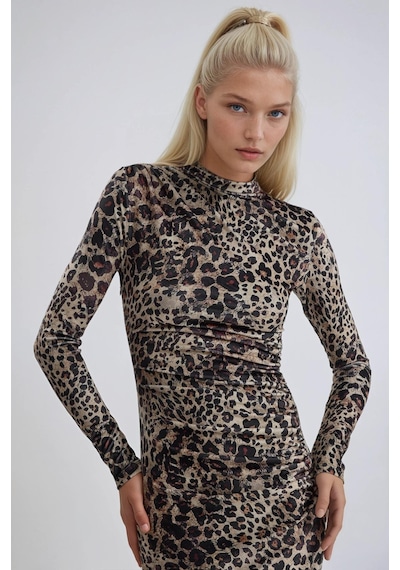 Lijuri Leopar Desenli Uzun Kadife Elbise 2989 Leopar