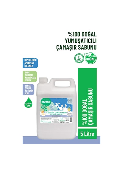 Siveno %100 Doğal Çamaşır Sabunu Bitkisel Deterjan Kendinden Yumuşatıcılı Konsantre Vegan 5 L