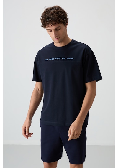 Air Jones Tommy Life Lacivert Pamuklu Kalın Yüzeyi Dokulu Oversize Fit Baskılı Erkek T-shirt - 88371 Lacivert