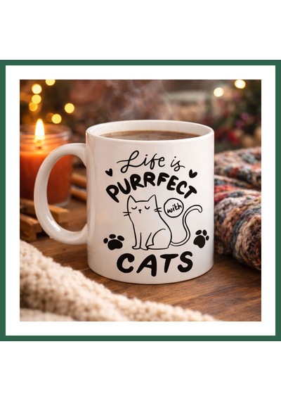 Bezos Life İs Purrfect With Cats Kedi Desenli Porselen Kupa Model 62 Sevimli Kedi Figürlü Kahve Kupası Bzs01 Diğer