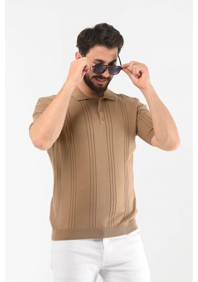 Onno Pamuk İplikli Boydan Çizgili Triko Tshirt Bej