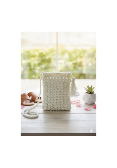 Execanta Çapraz Çanta Püsküllü Kağıt İp Örme Beyaz 16x21x55 Beyaz