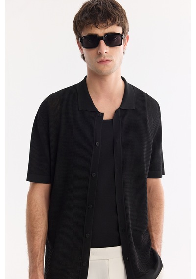 Avva Erkek Siyah Polo Yaka Önden Düğmeli Regular Fit Triko T-shirt A61y5017