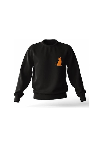 Startmore Siyah Kapşonsuz 0 Yaka Kedi Baskılı Pamuklu Unisex Sweatshirt Siyah