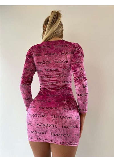 Pink Life Büzgü Detaylı Varak Baskılı Kadife Mini Elbise-pembe