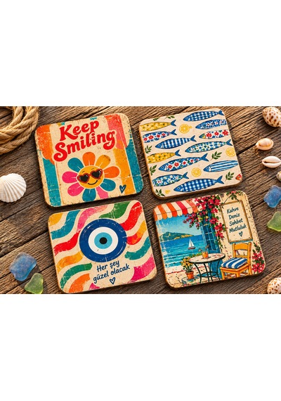 Retro Yaz Esintisi 4 Lü Bardak Altlığı Seti Renkli Vintage Tasarım Çok Renkli