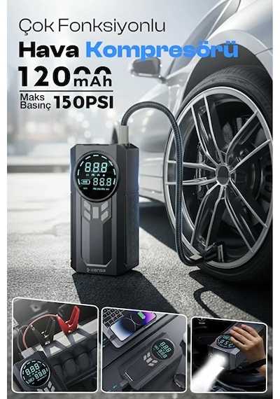 Kensa Taşınabilir Dijital Hava Kompresörü Jump Starter Powerbank Siyah
