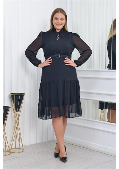 Neşeli Butik Kadın Gipeli Midi Boy Büyük Beden Şifon Elbise Nm7156 Siyah