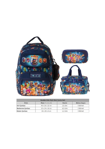 Kaukko Kids Boom Lacivert Renk Erkek Çocuk Üçlü İlkokul Okul Çantası Seti/takımı - Setkk-l5419a