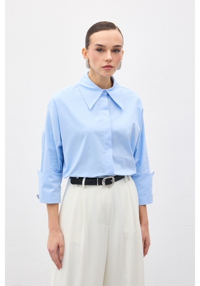 Sateen Düğme Detaylı Gömlek - Mavi-137152 Mavi