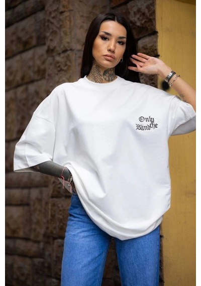 Freedom Storee Kadın Tişort Bisiklet Yaka Baskılı Yazlık Kısa Kol Oversize T-shirt - Beyaz Çok Renkli