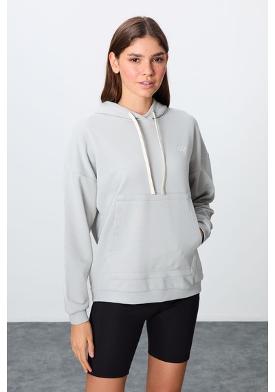 Tommy Life Taş Kompakt Pamuklu Kalın Pürüzsüz Dokulu Kapüşonlu Oversize Fit Kadın Sweatshirt - 97291 Taş